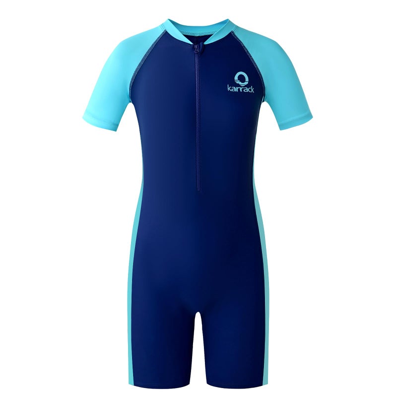 karrack Girls and Boys One Piece Rash Guard Swimsuit Kid Water Sport Short Swimsuit UPF 50+ Sun Protection Bathing Suits (Size 3-5Years) Blue - Image 1